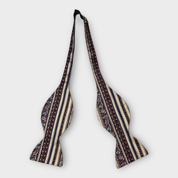 VTG Self-Tie Bowtie Cream Red Blue Striped Floral Paisley Dapper Menswear - Picture 1 of 4